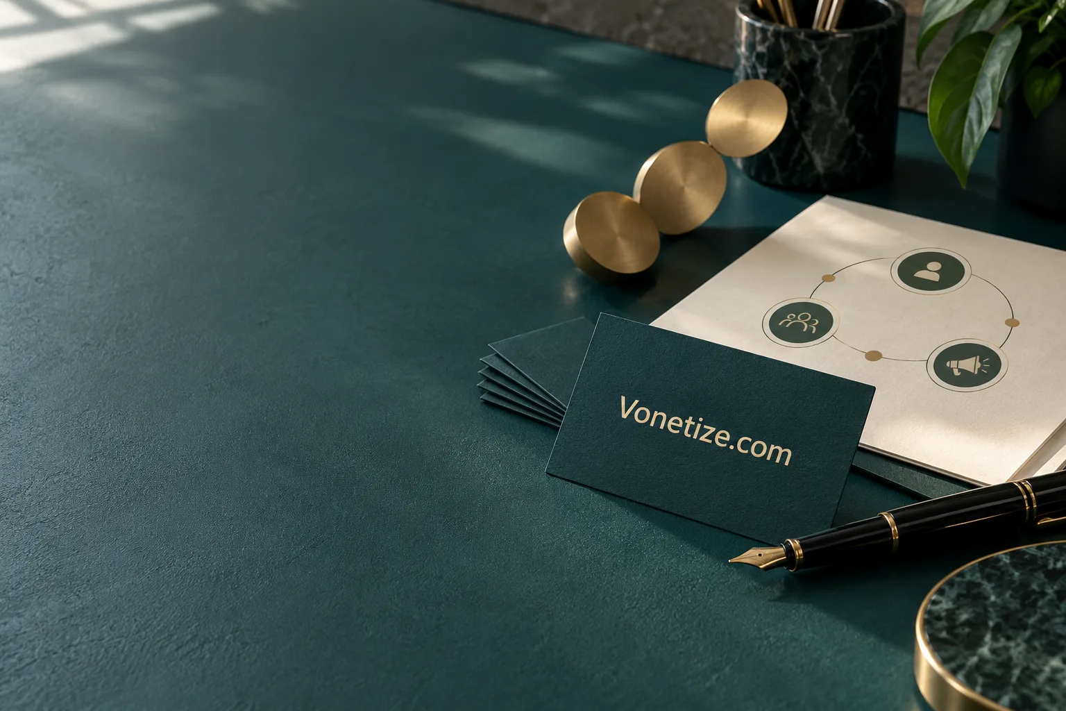 Teal stationery, brass objects, and a Vonetize.com card in afternoon light